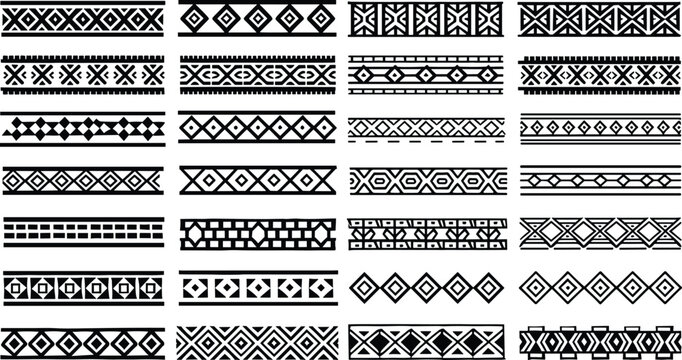 Tribal ethnic geometric border pattern vector set featuring seamless black and white abstract polynesian navajo style ribbon design elements