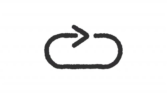 Animated arrow pointing forward right charcoal stroke icon. Loading animation. Circular flow. Rounded oval tracking line. Rough line element on white background. Hand drawn HD video