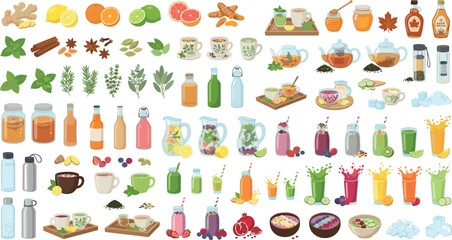 Healthy drinks and herbal wellness vector illustration set containing fresh juices smoothies detox teas bottles glass pitchers jars and organic beverage ingredients © Monirul