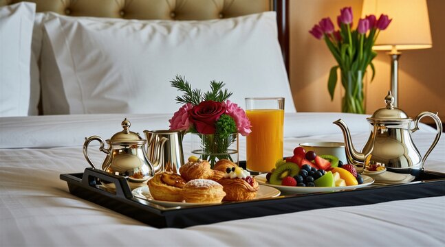 Luxury hotel room service tray with pastries fruit juice and flowers rests on white bed. Morning breakfast served with silver teapot and tableware. Enjoy fresh sweet food and orange drink.
