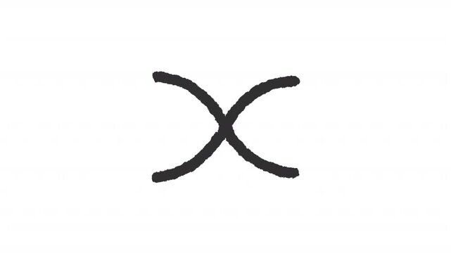 Animated two intersecting curved charcoal stroke icon. Simple geometric symbol animation. Symmetrical curves. Rough line element on white background. Hand drawn HD video