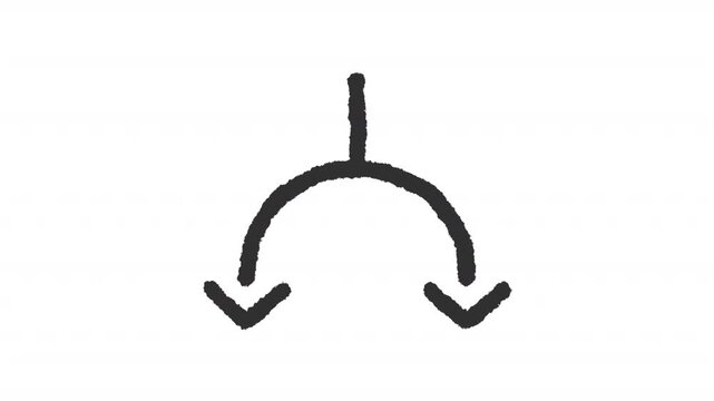 Animated central line splitting downward charcoal stroke icon. Two curved arrow directions animation. Navigational design element. Rough line element on white background. Hand drawn HD video