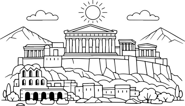 Acropole d'Ath&egrave;nes, Gr&egrave;ce&nbsp;: dessin au trait dessin&eacute; &agrave; la main, illustration style gribouillage, page &agrave; colorier pour enfants