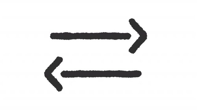 Animated two way communication charcoal stroke icon. Opposite facing arrowheads animation. Horizontal parallel lines. Rough line element on white background. Hand drawn HD video