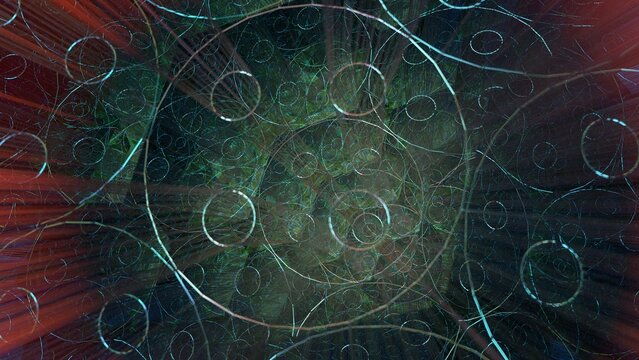 Futuristic Data Stream with Glowing Circular Structures.