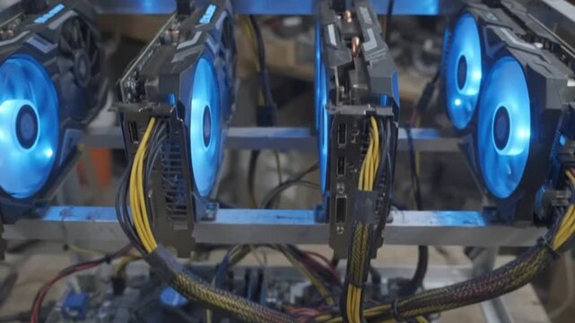 Cryptocurrency mining rig with multiple graphics cards and illuminated cooling fans