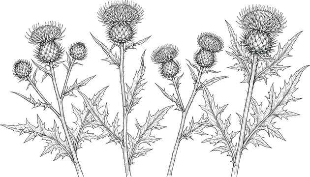 Hand drawn milk thistle plant vector illustration featuring detailed blooming flowers and sharp thorny leaves in vintage engraving sketch style