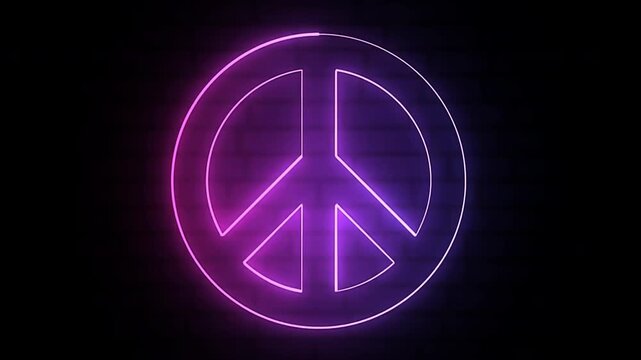 Neon peace glowing symbol illuminating vibrant futuristic urban wall design