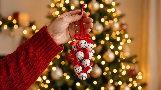 A close up view of a hand wearing a red knitted sweater holding a cluster of white jingle bells decorated with red polka dots