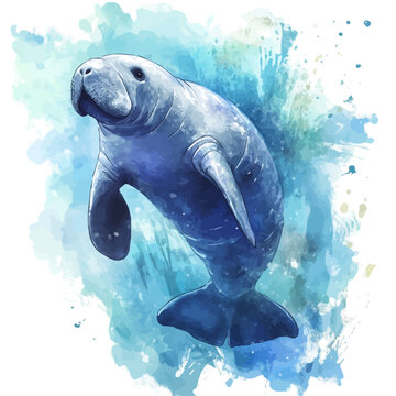 Manatee watercolor artwork, clean semi-realistic fantasy style, soft magical glow, white background