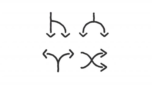 Animated curved arrow indicator charcoal stroke icons. Direction symbols animation set. Intersecting line paths. Rough line elements on white background. Hand drawn HD video