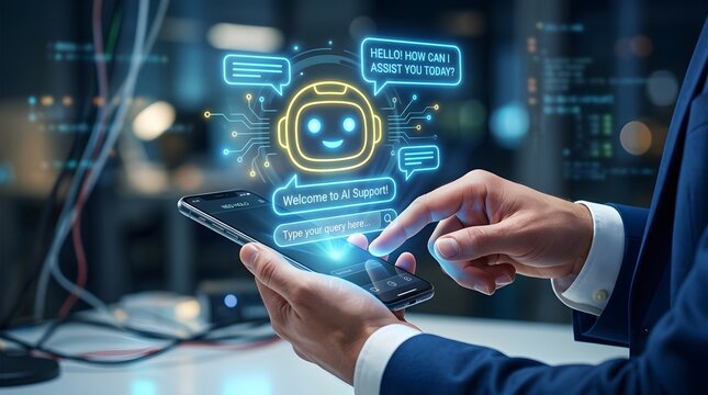 Ai support concept hands holding smartphone with chatbot interface and digital network background