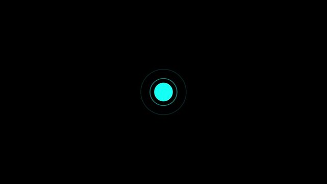 Minimalist motion graphic featuring a Cyan circle surrounded by a pulsating teal ring on a black background for tech or design transitions. circle radius animation