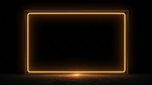 Glowing neon rectangle sign on dark background with light trail