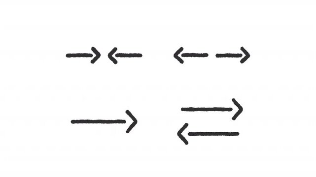 Animated minimalist arrow charcoal stroke icons. Outward pointing opposite arrows animation set. Inward directional signs. Rough line elements on white background. Hand drawn HD video