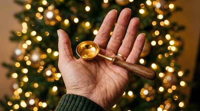 A close up view of a person holding a golden wax melting spoon with a wooden handle against a backdrop of glowing Christmas tree lights.