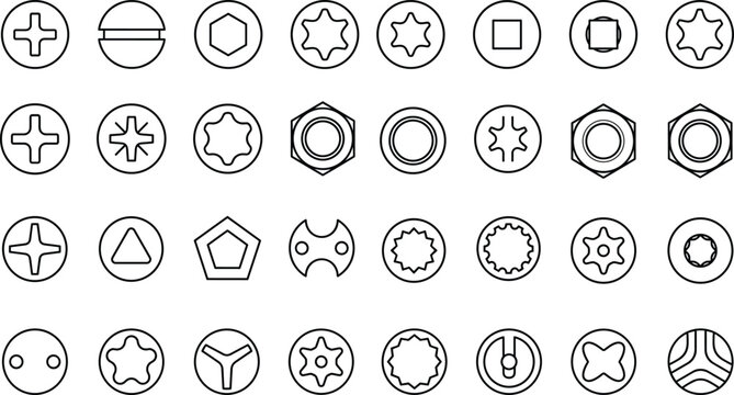 Screw Head Drive Types and Fastener Top Views Line Icon Set Featuring Black Outline Vectors of Phillips Slotted Torx Hex and Security Bit Varieties