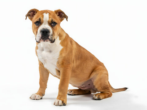 Cute brown and white pitbull puppy dog sitting isolated on white background