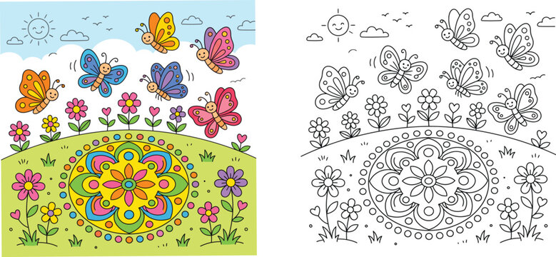 Kids coloring page with butterflies and flowers, colorful example and outline vector illustration of a spring garden with a floral mandala design