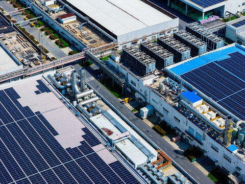 modern factory complex rooftop details and equipment