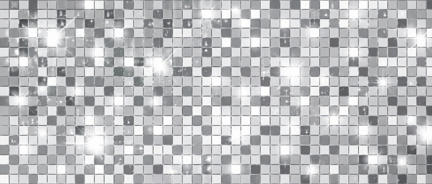 Grey glitter disco ball backdrop with mosaic mirror tile for night club poster. Shiny grey sequin texture and silver glitter sparkle. Vector pattern with shimmer on bright accents and Christmas bg