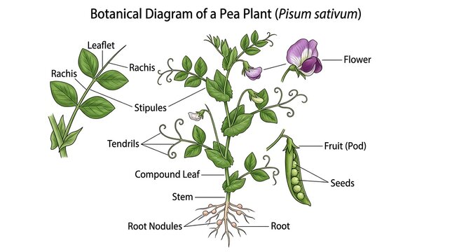 Botanical diagram of a pea plant with detailed labeled parts, botanical