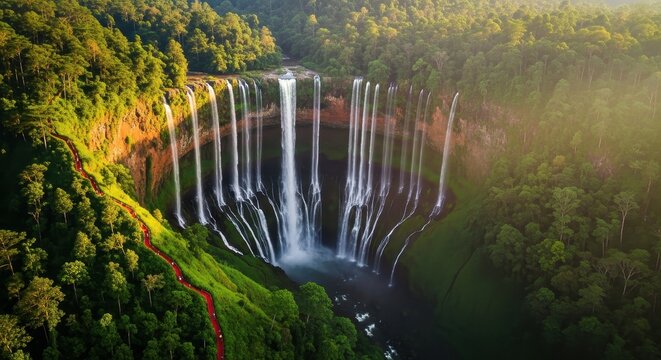 Breathtaking Aerial View of Tumpak Sewu Waterfall in East Java, Indonesia, Surrounded by Lush Tropical Jungle at Sunrise