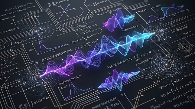 Scientific visualization of fourier synthesis and wave equations with glowing quantum waveforms and mathematical formulas on dark background transparent background