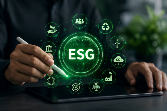 Businessman using a digital tablet with a glowing green ESG environmental social and governance holographic interface.