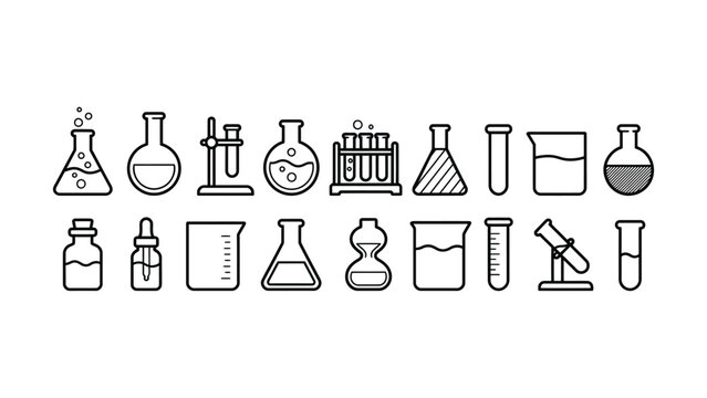 Black and white line drawings of various laboratory equipment and glassware used in chemistry and science experiments  educational icons set