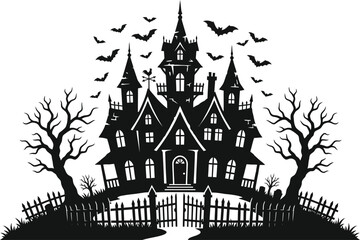 Fototapeta premium Spooky black silhouette of a haunted house with bats and trees for halloween decor