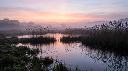 Obraz premium Misty wetland sunrise nature landscape with reeds