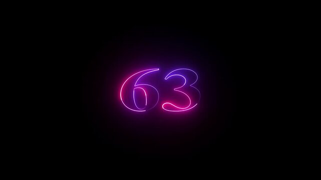 Glowing count neon number 63 text animation on black background. 