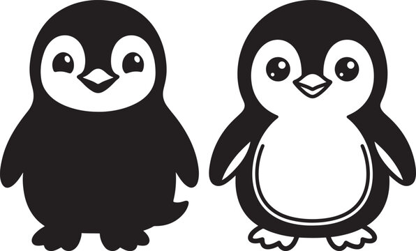 Cute penguin characters silhouette black vector illustration isolated on white background with silhouette wildlife illustration
