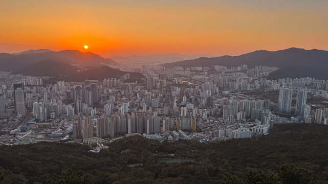 Busan City Skyline at Mountain Sunset
