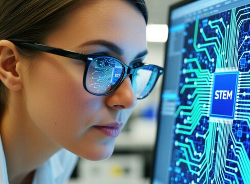 Woman engineer wears glasses, studies circuit board design on computer screen in lab. Focuses on AI microchip development, advanced tech research, STEM field innovation.