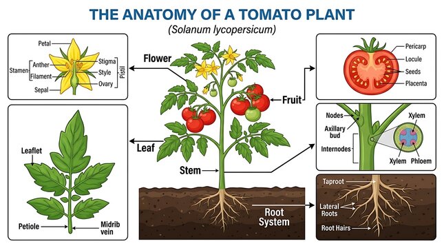 The anatomy of a tomato plant with detailed parts and growth stages, vegetable