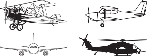 Four old and modern aircraft side view line drawing © Sebika