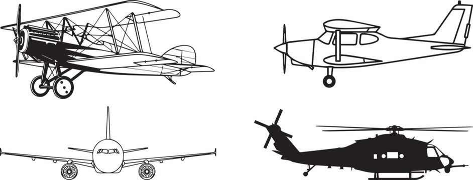 Four old and modern aircraft side view line drawing