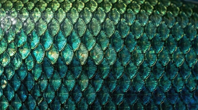 Close up view of shiny green fish scales texture