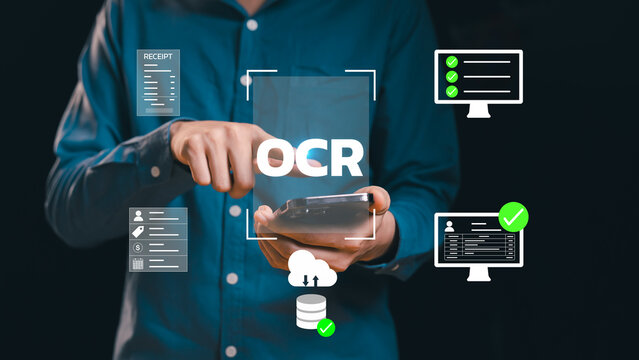 Business professional utilizing OCR technology on a smartphone, optimizing data entry processes, improving operational efficiency, and driving digital transformation in document management