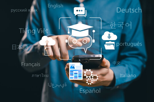 Professional leveraging AI language interface on mobile, enhancing global business communication, streamlining content, driving digital transformation, ensuring seamless cross-border operations