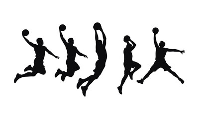 Set of black basketball player silhouettes jumping and dunking isolated on white background. © MDRIAZ