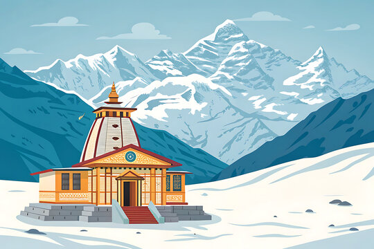 Kedarnath Temple with snowy peaks, modern minimal vector style, bright colors