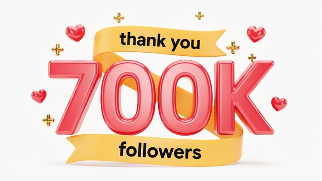 3 d thank you 700 k followers with red numbers and yellow ribbon