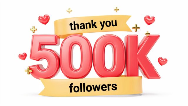 3 d red 500 k followers text with yellow ribbons and hearts
