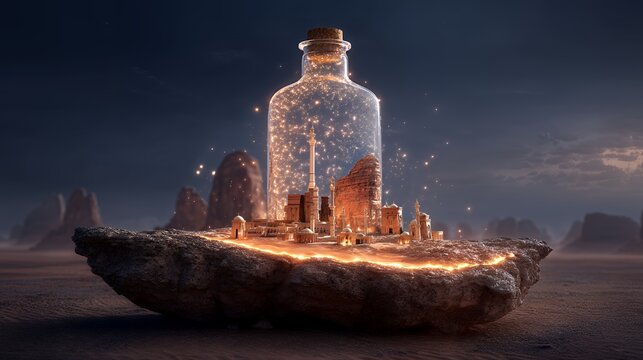 Miniature Arabian Gulf Heritage Fortress Preserved Inside Glass Jar, Glowing Desert Architecture, Historic Cultural Landmark and Fantasy Middle Eastern Landscape