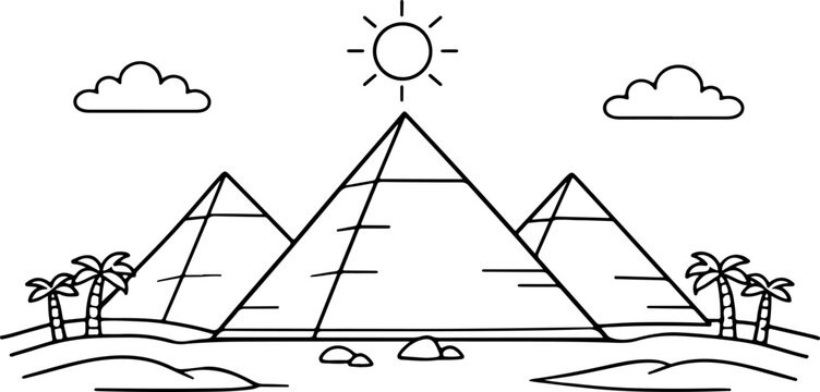 Pyramides de Gizeh, &Eacute;gypte, dessin au trait, illustration de style cartoon &agrave; colorier pour enfants