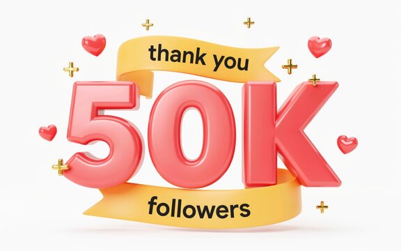 3 d of 50 k followers celebration with red numbers and yellow ribbons
