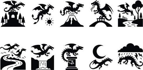 Fototapeta premium Set of ten black silhouette featuring dragons in various environments, including volcanoes, castles, waterfalls, forests, and stormy weather with lightning and clouds
